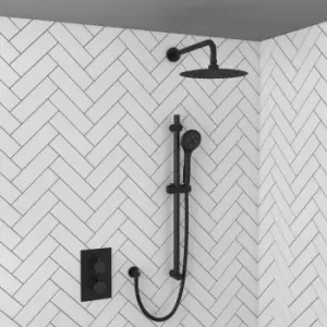 image of Arissa Concealed Round Matt Black 2 outlet shower valve with slide rail kit and shower head and wall arm- Dual Control