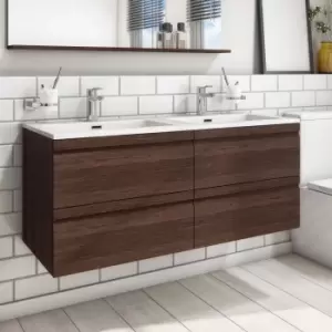 1200mm Dark Wood Effect Wall Hung Double Vanity Unit with Basin - Boston