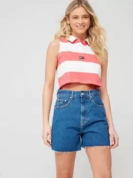 Image of Tommy Jeans Crop Badge Stripe Polo - Pink Size M Women