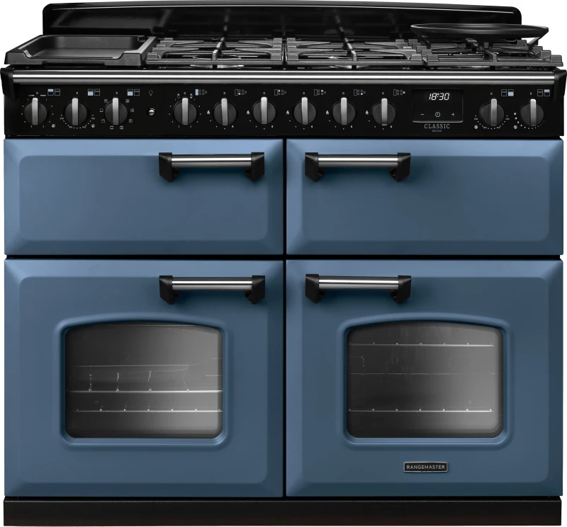 Image of Rangemaster Classic Deluxe CLDLB110DFPSTB/CM1 110cm wide Dual Fuel Range Cooker with Gas Hob - Stone Blue / Chrome - A Rated
