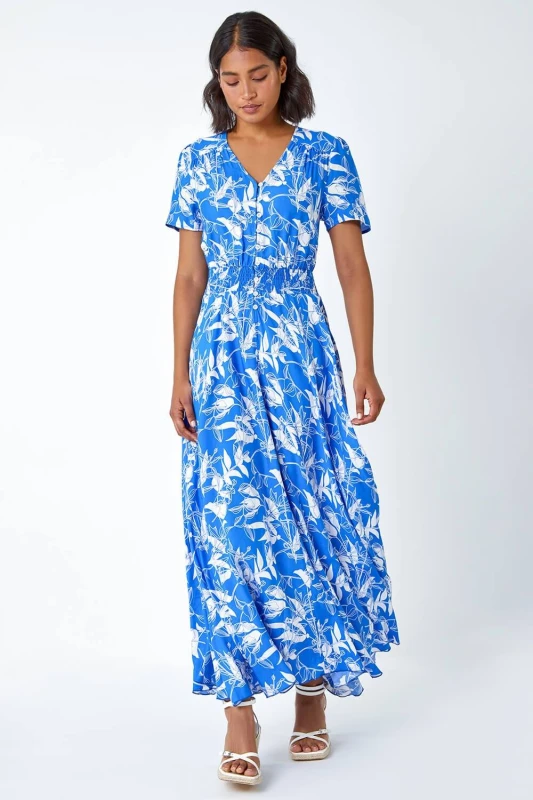 Image of Roman Floral Print Button Detail Maxi Dress Royal