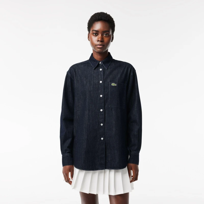 Image of Lacoste Womens Long-Sleeve Denim Shirt Dark Rinse female 6 (34)