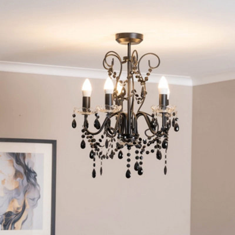 Image of ValueLights Viscount 5 Way Black Jewel Chandelier Ceiling Pendant Light with LED Bulbs Black