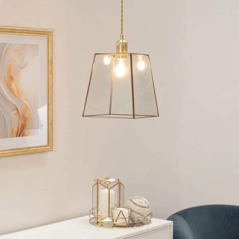 Image of ValueLights Susie Pair of Glass Pendant Lantern Case Easy Fit Lamp Shade with LED Bulbs Gold