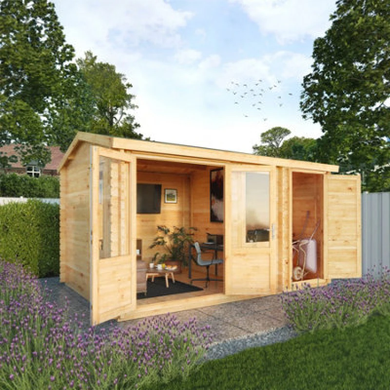 Image of Waltons 4.1M X 3M Wooden Home Office 44mm Log Cabin With Side Shed Garden Room