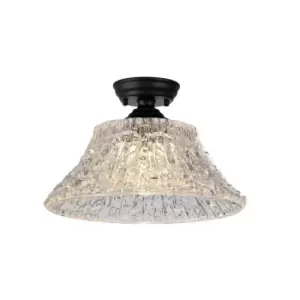 image of Dresden Flush Ceiling Lamp E27 With Round 38cm Patterned Glass Shade Matt Black, Clear