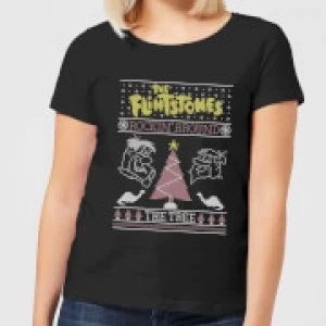 Image of Flintstones Rockin Around The Tree Womens Christmas T-Shirt - Black - S
