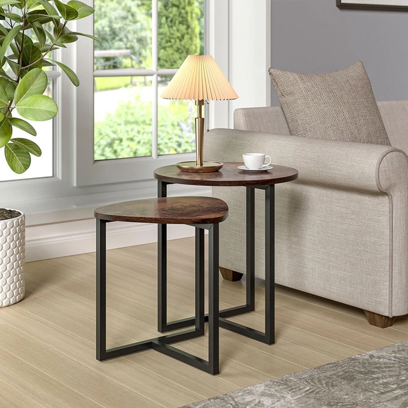 Image of Cottonfy UK Round and Triangular Nesting Side Table Set - Brown Brown M