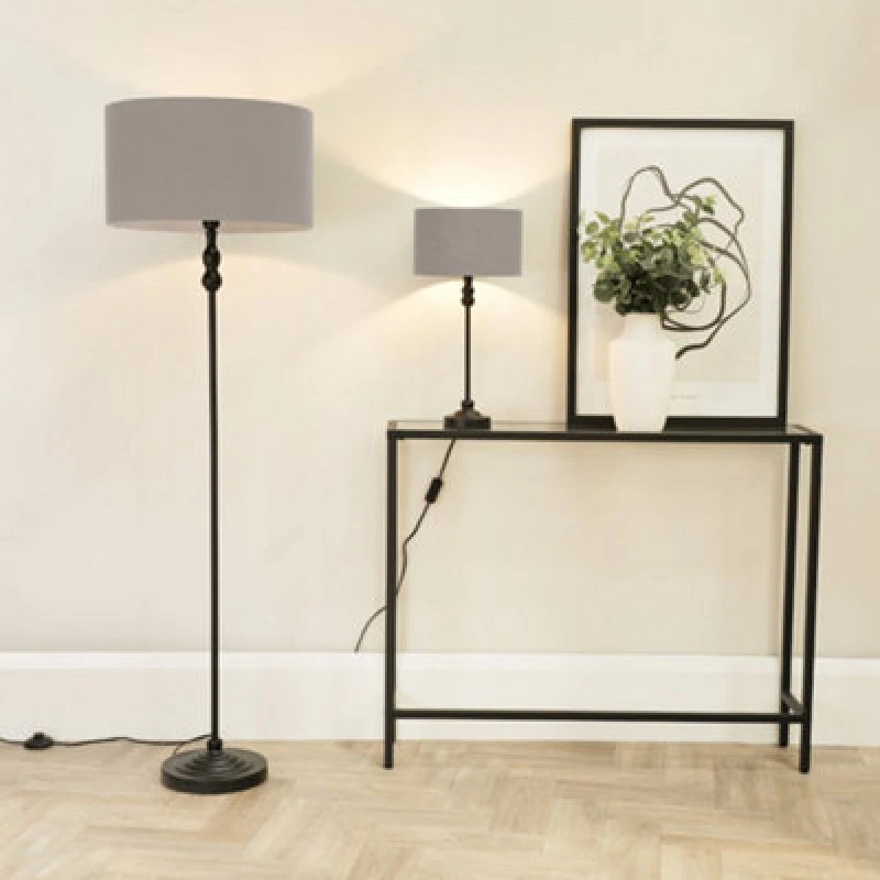 Image of ValueLights Maggie Black Metal Candlestick Floor Lamp with Fabric Lamp Shade and LED Bulb Grey