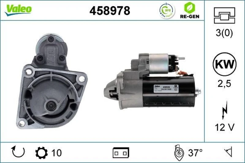 Image of VALEO 458978 Starter motor VALEO RE-GEN REMANUFACTURED STOP&START 2,5kW, 12V, Number of Teeth: 10 Starter (2)