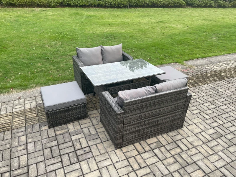 Image of Fimous Garden Patio Furniture Wicker Rattan Oblong Rectangular Dining Table & Loveseat Sofa set with 2 Big Footstool in Dark Grey Dark Grey Unisex