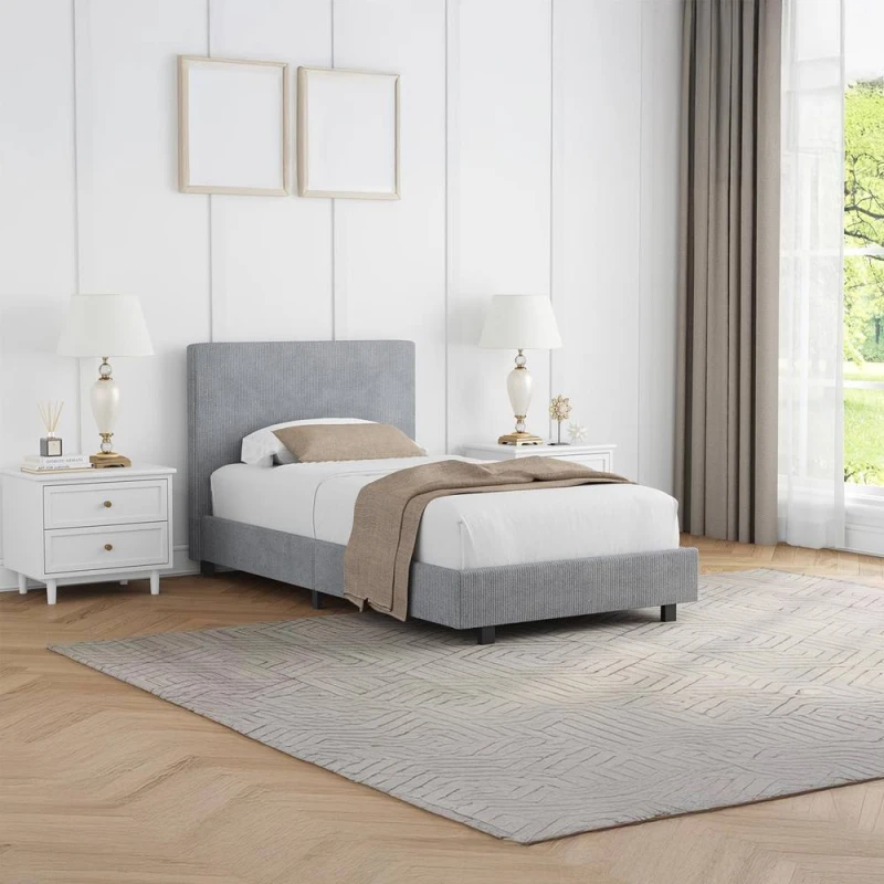 Image of FWStyle Single Grey Linen Ribbed Upholstered Fabric Bed Frame Grey Unisex Single