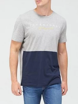 image of Jack & Jones Station Colour Block T-Shirt - Light Grey Marl