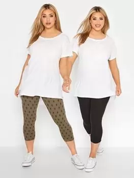 Image of Yours Clothing Khaki Geo 2pk Crop Leggings, Green, Size 22, Women