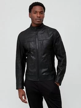 Image of BOSS Josep Leather Biker Jacket - Black, Size 46, Men
