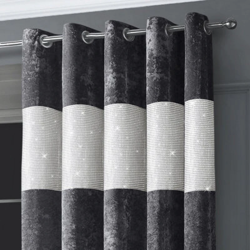 Image of Intimates Diamante Velvet Fully Lined Curtains - Luxury Ring Top Window Drapes - Charcoal