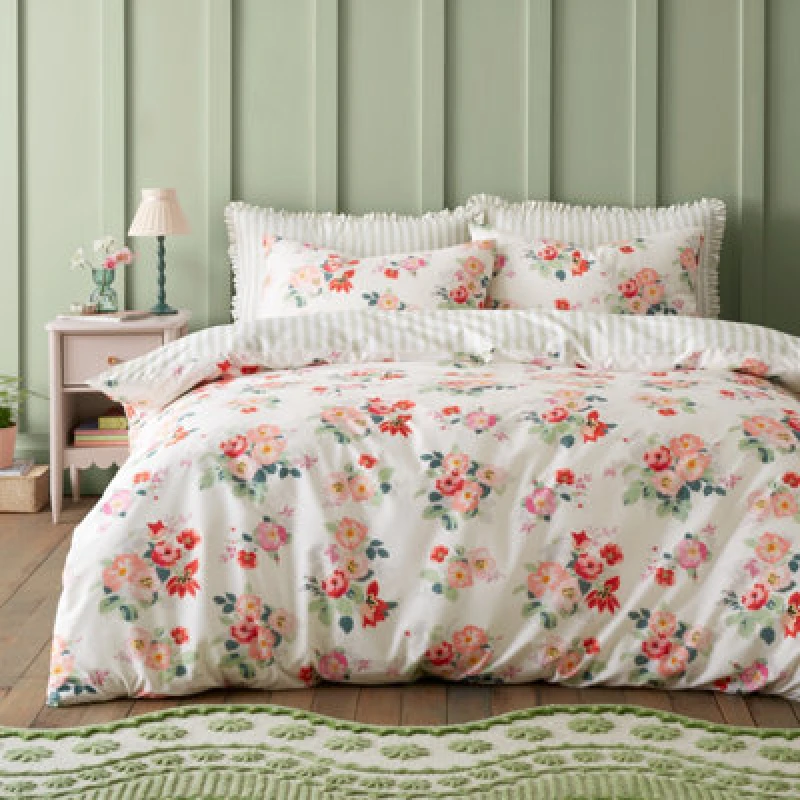 Image of Cath Kidston Floral Bunches Reversible Cotton Single Duvet Cover Set With Pillowcase Green