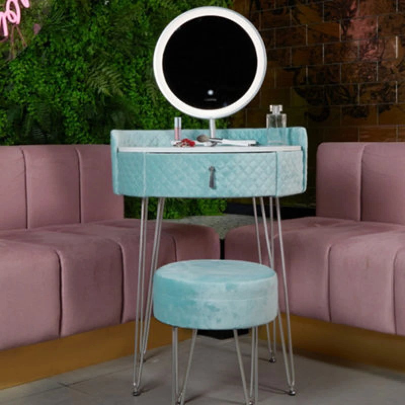 Image of CARME HOME French Riviera Baby Blue Velvet Dressing Table with LED Touch Sensor Mirror Baby Blue