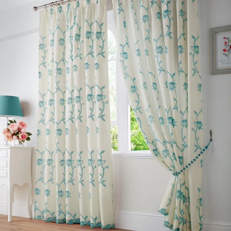 Image of Alan Symonds Exeter Embroidered Floral Trail Pencil Pleat Taped Teal unisex 148x137cm