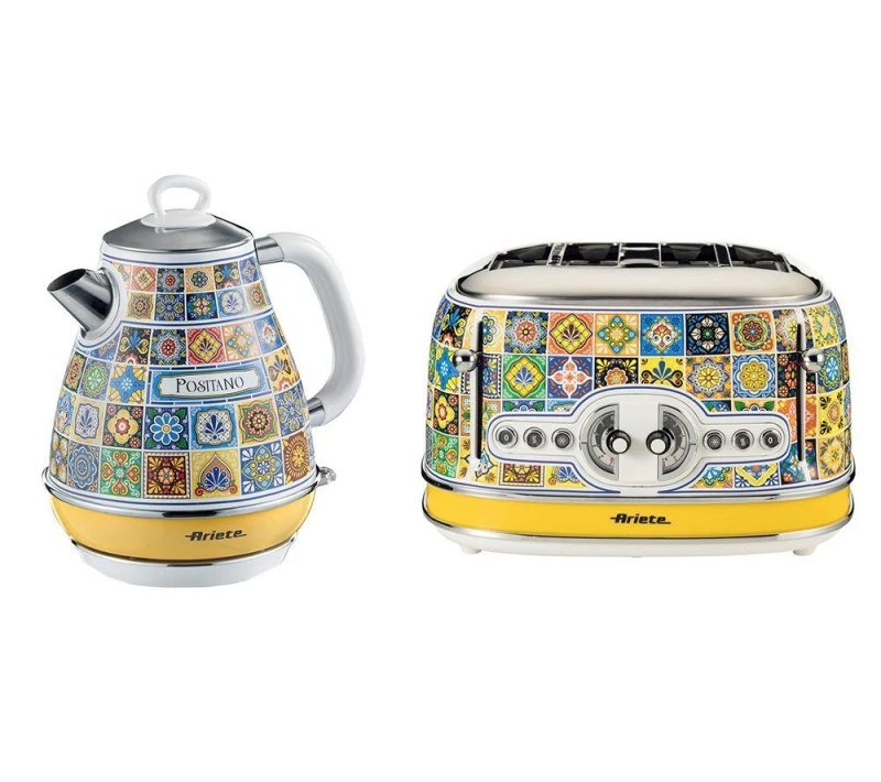 Image of ARIETE Positano ARPK51 4-Slice Toaster & Kettle Bundle - Multicolour, Patterned,Yellow 5016368008904