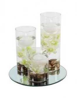 Image of Hestia Set Of 3 Floating Candles With Vases And White Flowers On A Mirrored Base