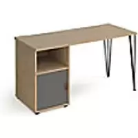 image of Rectangular Hairpin Desk Kendal Oak, Onyx Grey Door Wood/Metal Hairpin Legs Black Tikal 1400 x 600 x 730mm