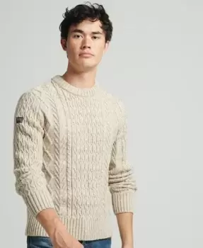 image of Superdry Mens Jacob Cable Crew Jumper Beige / Oatmeal Marl - Size: L