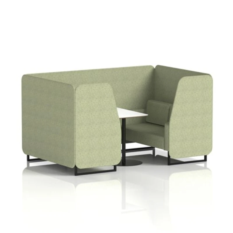 Image of Brixworth 4 Seater Office Booth with Front Panel - Black Legs and White Table with Black Leg in Rivet Fabric - Burnish Panels and Sofa