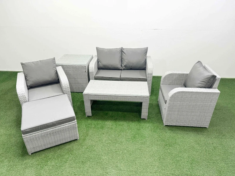 Image of Fimous Light Grey PE Wicker Rattan Garden Furniture Set Sofa Set Reclining Adjustable Chair Oblong Coffee Table 5 Seater With Footstool Side Table Lig