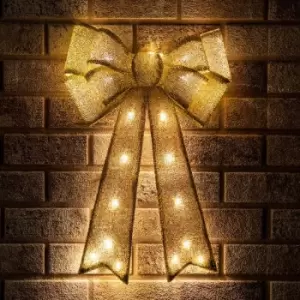 Image of The Christmas Workshop 50cm Light Up Fabric Bows / 25 White LEDs/Battery Powered with Timer Function/Indoor or Outdoor Festive Decoration (Gold)