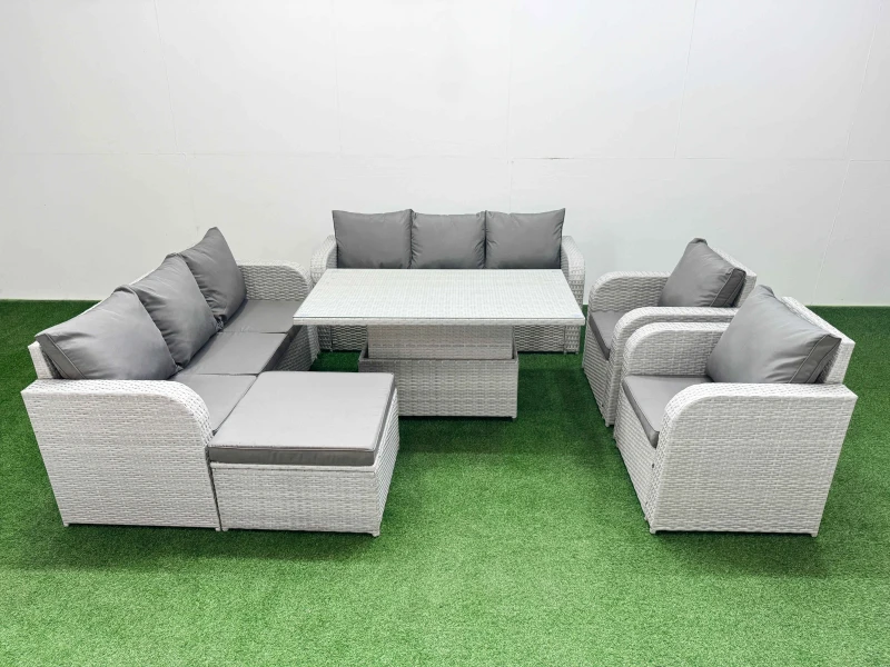 Image of Fimous PE Rattan High Back Lounge Sofa Set Patio Adjustable Lifting Dining or Coffee Table & Chairs Set with 3 Seater Sofa Reclining Chair Big Footsto