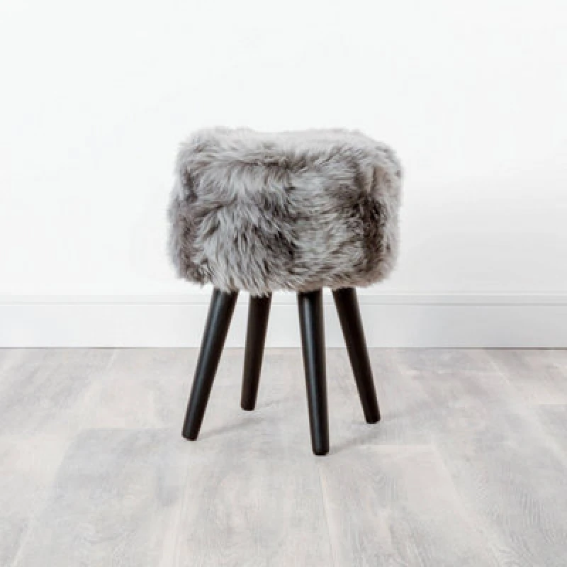 Image of Native Natural Grey Sheepskin Wood Stool - Black Grey