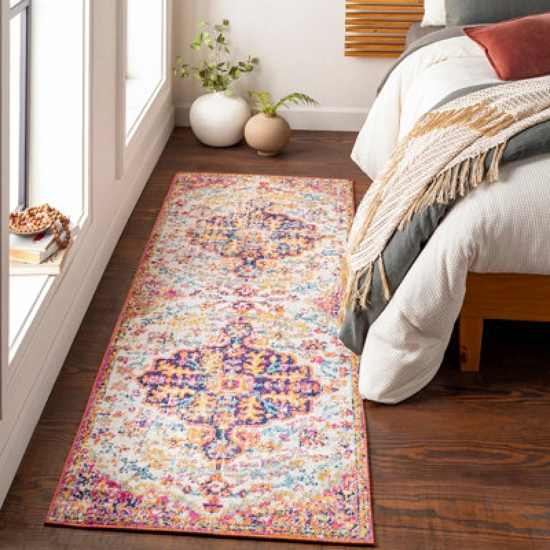 Image of Livabliss Vintage Oriental Boho Neon Pink Lou Runner Rug 80 X 220 Cm - Easy Care, Non Shedding, Ideal For Hallway Or Beside The Bed