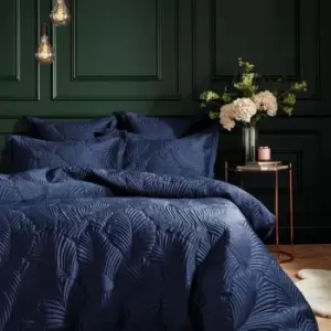 image of Paoletti Palmeria Velvet Quilted Duvet Cover Set (Double) (Navy) - Navy