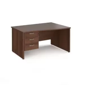 image of Office Desk Right Hand Wave Desk 1400mm With Pedestal Walnut Top And Panel End Leg Maestro 25 MP14WRP3W