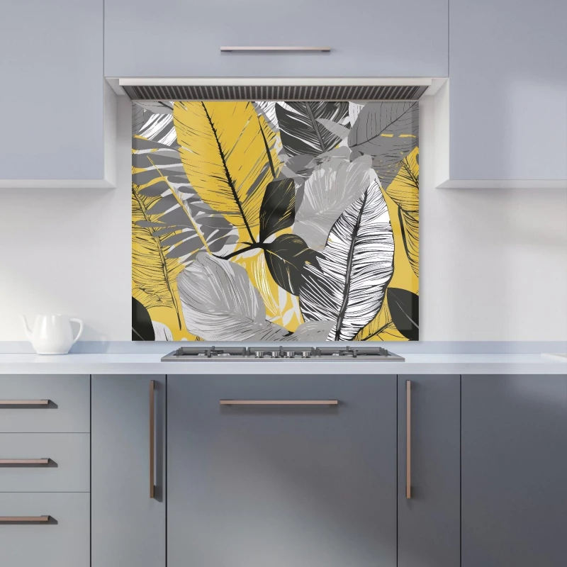 Image of Warren Reed - Designer Grey Yellow Floral Leaves Kitchen Splashback Size: 600mm x 750mm Yellow Unisex 600mm x 750mm