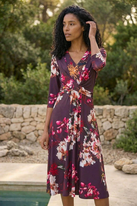 Image of Roman Womens Floral Crossover Stretch Midi Dress in Wine Size: 10 Wine Female 10