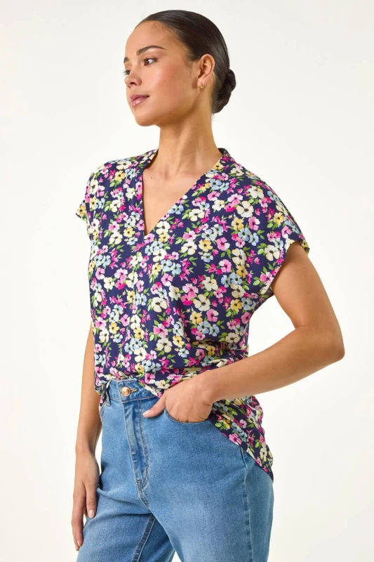 Image of Roman Womens Petite Floral V-Neck Stretch Top in Navy Size: 12 Navy Female 12