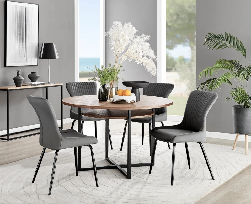 Image of FurnitureboxUK FurnitureboxUK Adley Brown Wood Storage Dining Table & 4 Nora Black Leg Chairs in Dark Grey Dark Grey One Size Unisex 5056542686597