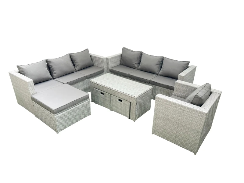 Image of Fimous Wicker PE Rattan Sofa Garden Furniture Set with Oblong Coffee Table Armchair 3 Footstools Light Grey Mixed Light Grey