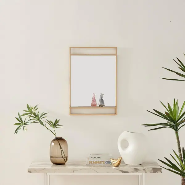 Image of FurnitureboxUK Harlow Rectangular Modern Glam Metal Wall Mirror With Shelf Gold