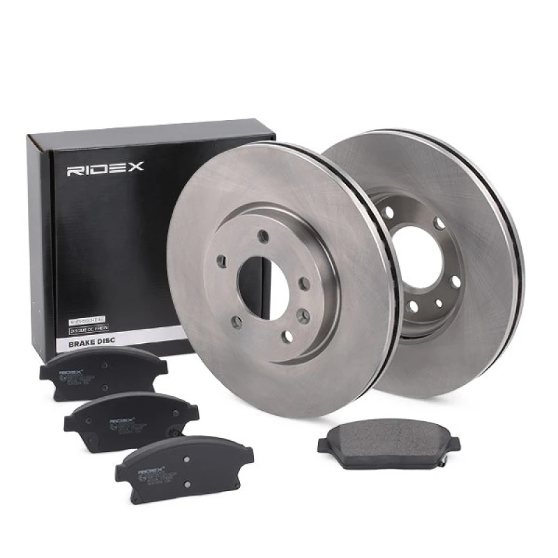Image of RIDEX 3405B0075 Brake disc and pads set Front Axle, Brake Disc Type: Vented, with acoustic wear warning Brake Set,disc brakes (3405)