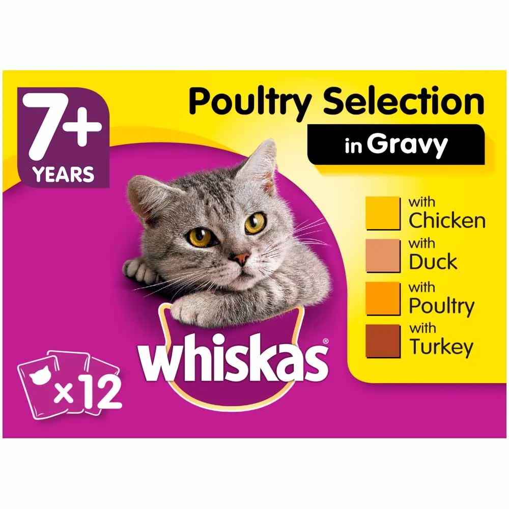 image of Whiskas 7+ Adult Poultry Feasts in Gravy Cat Food 12 x 85g