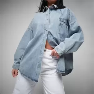 image of Missguided Oversized Split Pocket Denim Shirt - Blue