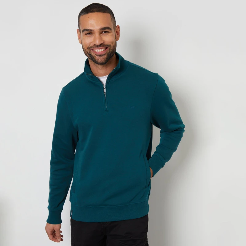Image of Threadbare Mens Oatmeal Marl Quarter Zip Sweatshirt Dark Green