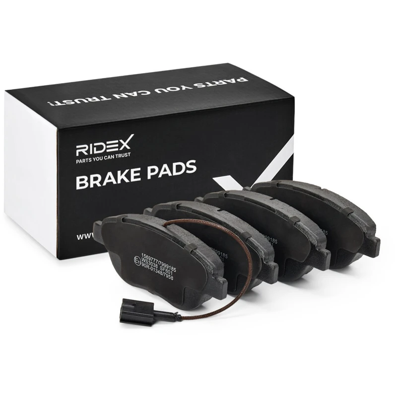Image of RIDEX 402B0096 Brake pad set Front Axle, with integrated wear warning contact, with anti-squeak plate Brake Pad Set,disc brake (402)