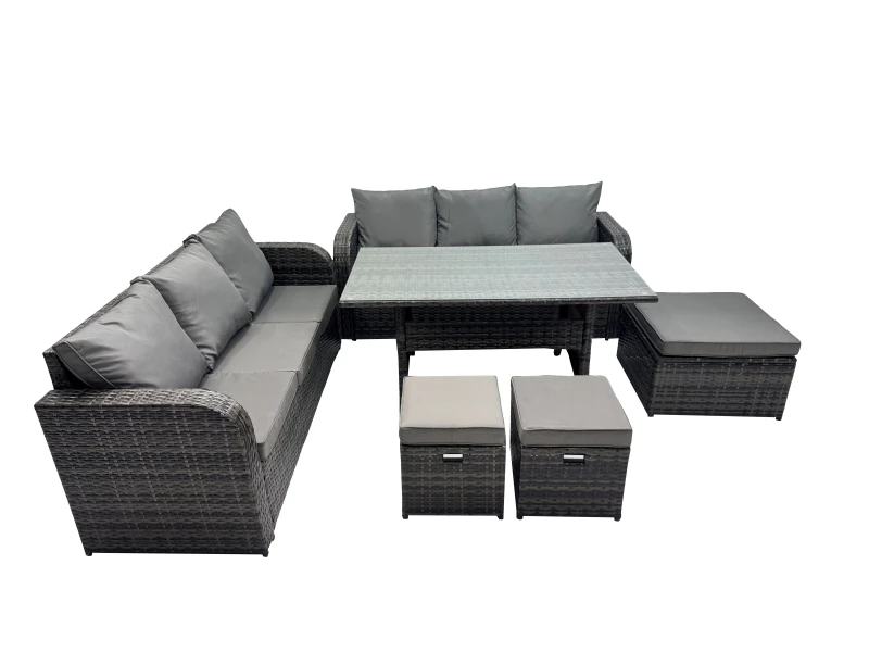 Image of Fimous 9 Seat Outdoor Dining Table Sofa Set with 3 Stools Dark Grey Mixed Dark Grey Unisex