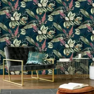 Belgravia - Paradise Garden Wallpaper Decor Jungle Tropical Palm Green Navy White