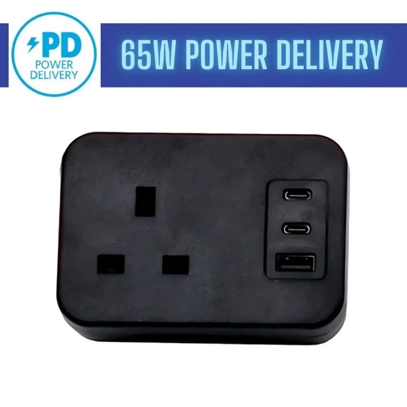 Image of POWERDATA BLACK DESKTOP 1X POWER - DUAL USB C + A CHARGER - 65W