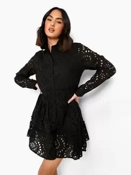 Image of Boohoo Broderie Tiered Shirt Dress - Black, Size 12, Women